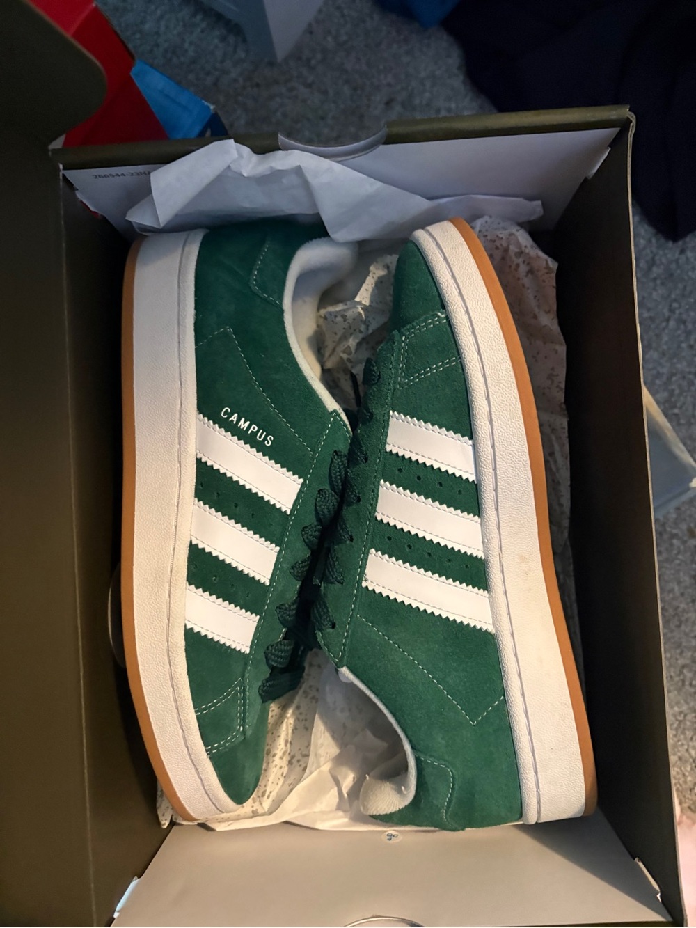 adidas Green Suede Campus Sneakers with White Stripes and Gum Sole